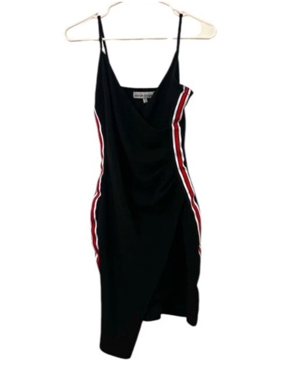 Almost Famous Plus Black One-Shoulder Slip Dress with Red and White Side Stripes